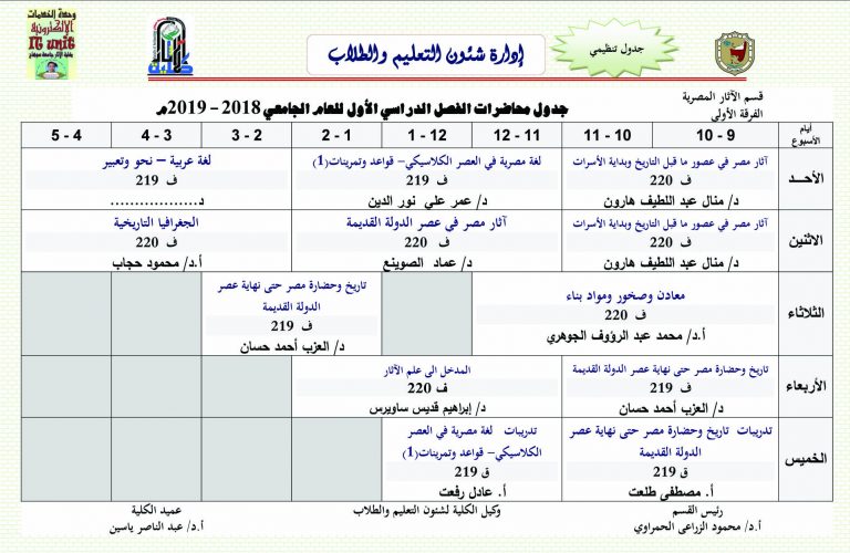 جدول محاضرات الفصل الدراسي الأول للعام الجامعي 2018 – 2019م، الفرقة الأولي – قسم الآثار المصرية كلية الآثار