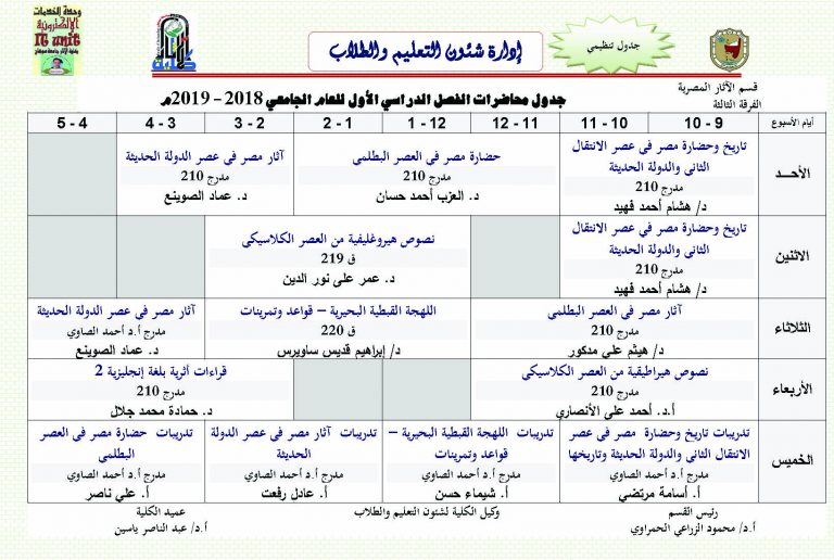 جدول محاضرات الفصل الدراسي الأول للعام الجامعي 2018 – 2019م، الفرقة الثالثة- قسم الآثار المصرية كلية الآثار