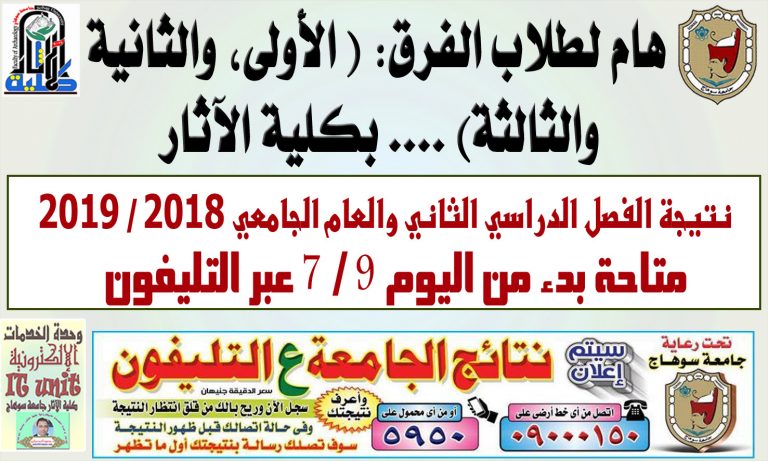 هام لطلاب كلية الآثار نتيجة الفصل الدراسي الثاني والعام الجامعى 2018 / 2019م متاحة منذ اليوم 9 / 7 / 2019م عبر الهاتف 