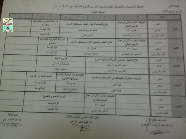 جدول محاضرات الفصل الدراسي الثاني للعام الجامعي 2019 – 2020م الفرقة الثانية قسم ترميم الآثار