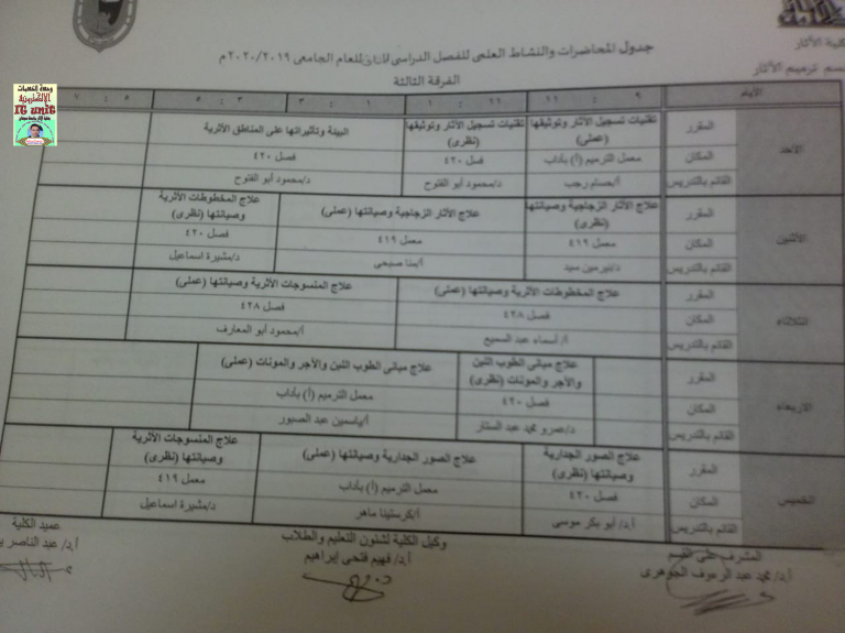 جدول محاضرات الفصل الدراسي الثاني للعام الجامعي 2019 – 2020م الفرقة الثالثة قسم ترميم الآثار