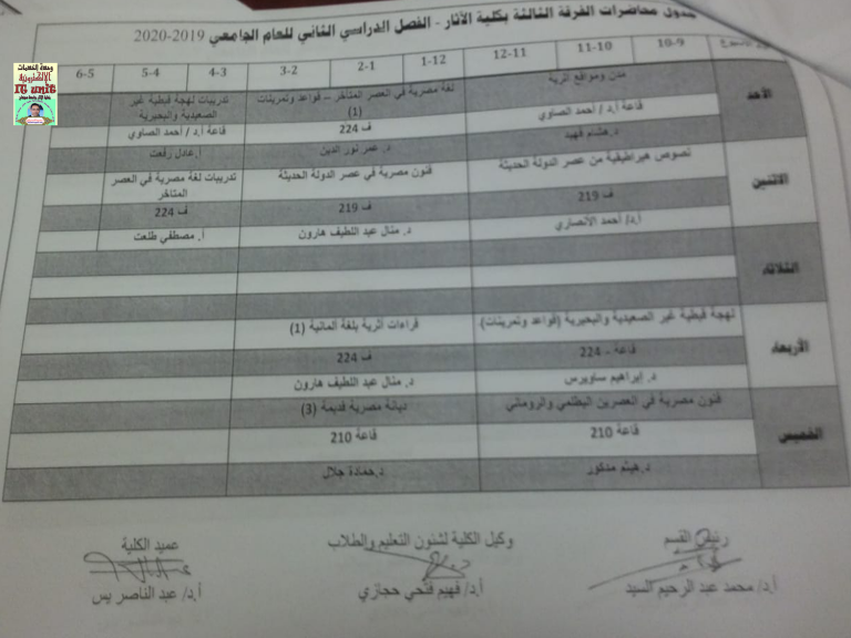 جدول محاضرات الفصل الدراسي الثاني للعام الجامعي 2019 – 2020م الفرقة الثالثة قسم الآثار المصرية