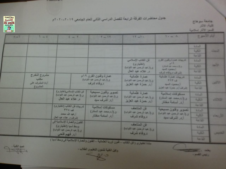 جدول محاضرات الفصل الدراسي الثاني للعام الجامعي 2019 – 2020م الفرقة الرابعة قسم الآثار  الإسلامية