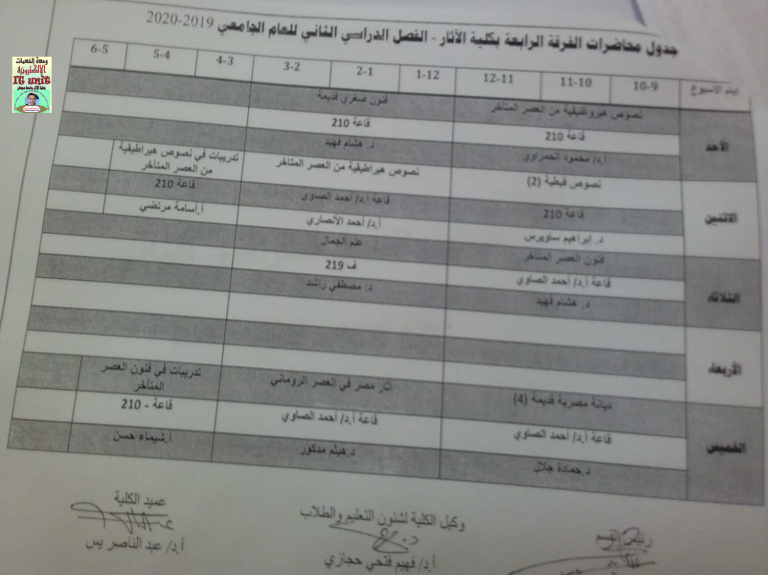 جدول محاضرات الفصل الدراسي الثاني للعام الجامعي 2019 – 2020م الفرقة الرابعة قسم الآثار  المصرية