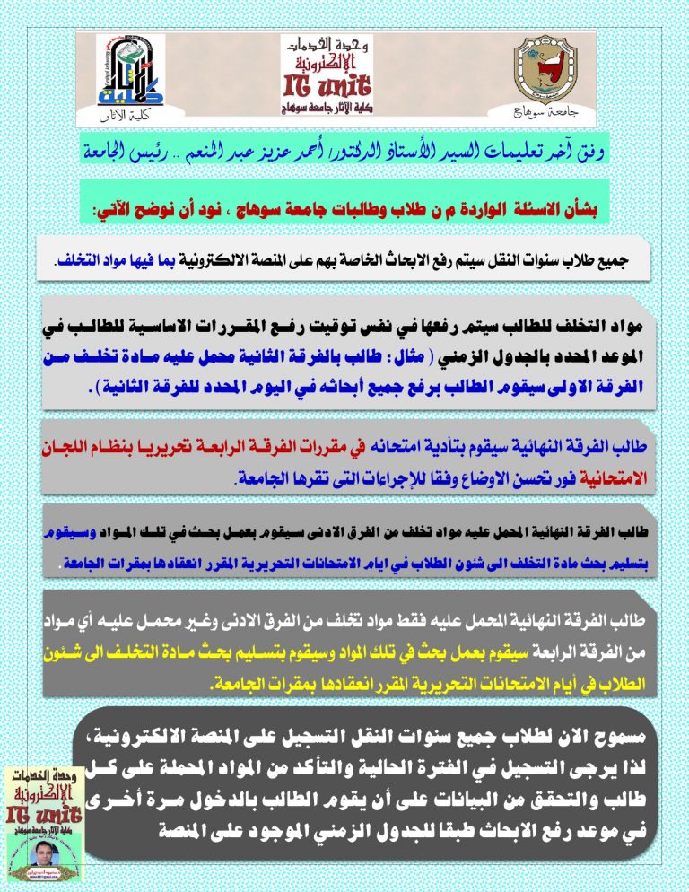 تعليمات السيد الأستاذ/ الدكتور رئيس الجامعة بشأن الاسئلة الواردة من طلاب وطالبات جامعة سوهاج الخاصة بالأبحاث