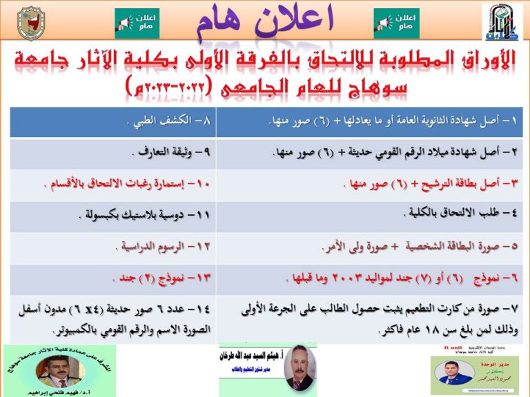 الأوراق المطلوبة للالتحاق بالفرقة الأولى بكلية الآثار جامعة سوهاج ج للعام الجامعي (2022-2023م)