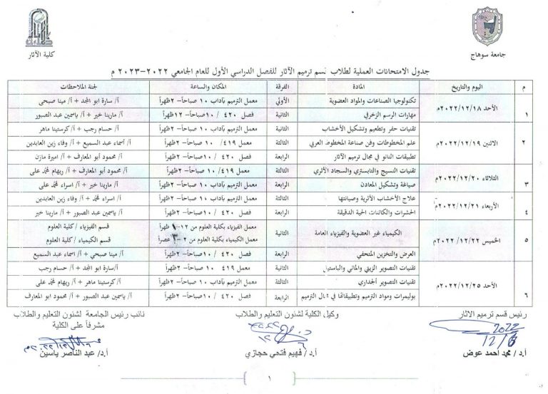جدول الامتحانات العملية لطلاب قسم ترميم الآثار للفصل الدراسى الأول للعام الجامعى (2022- 2023م)