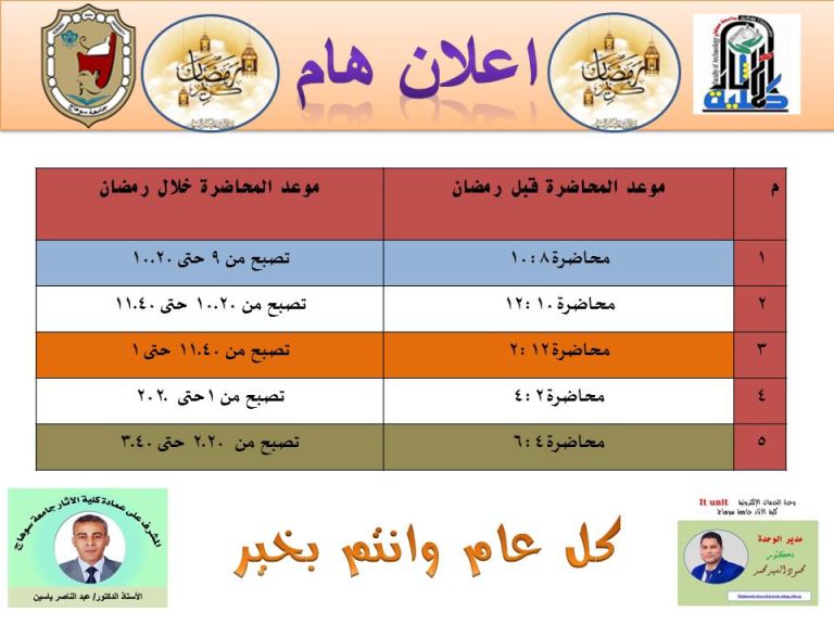 مواعيد المحاضرات بكلية الآثار خلال شهر رمضان