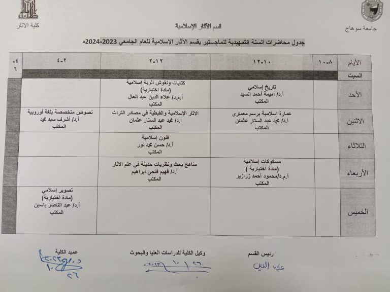 جدول محاضرات السنة التمهيدية للماجستير قسم آثار إسلامى للعام الجامعى 2023- 2024م