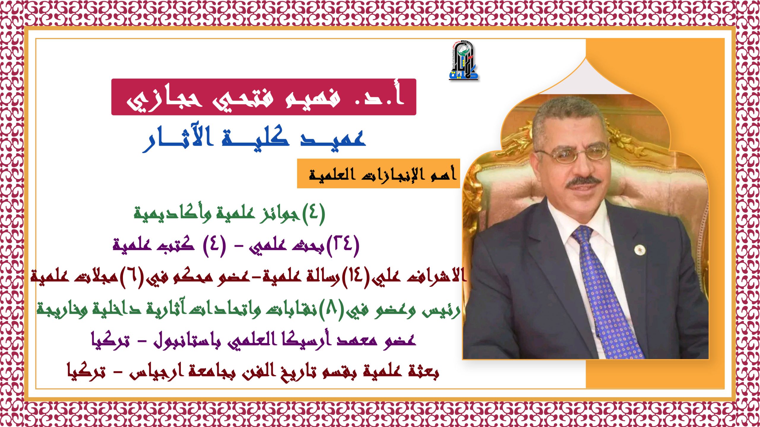 أ.د. فهيم فتحي إبراهيم حجازي، عميد كلية الآثار