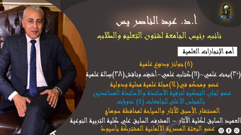 أ.د. عبد الناصر يس نائب رئيس الجامعة لشئون التعليم والطلاب والعميد السابق لكلية الآثار