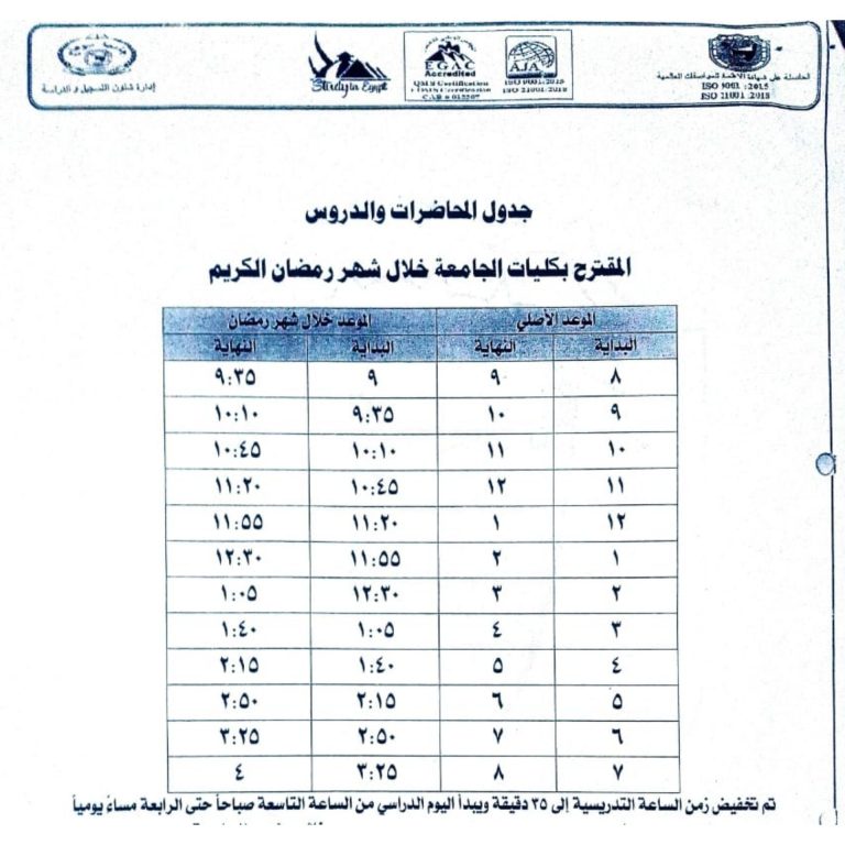 مواعيد المحاضرات بالكلية خلال شهر رمضان الكريم