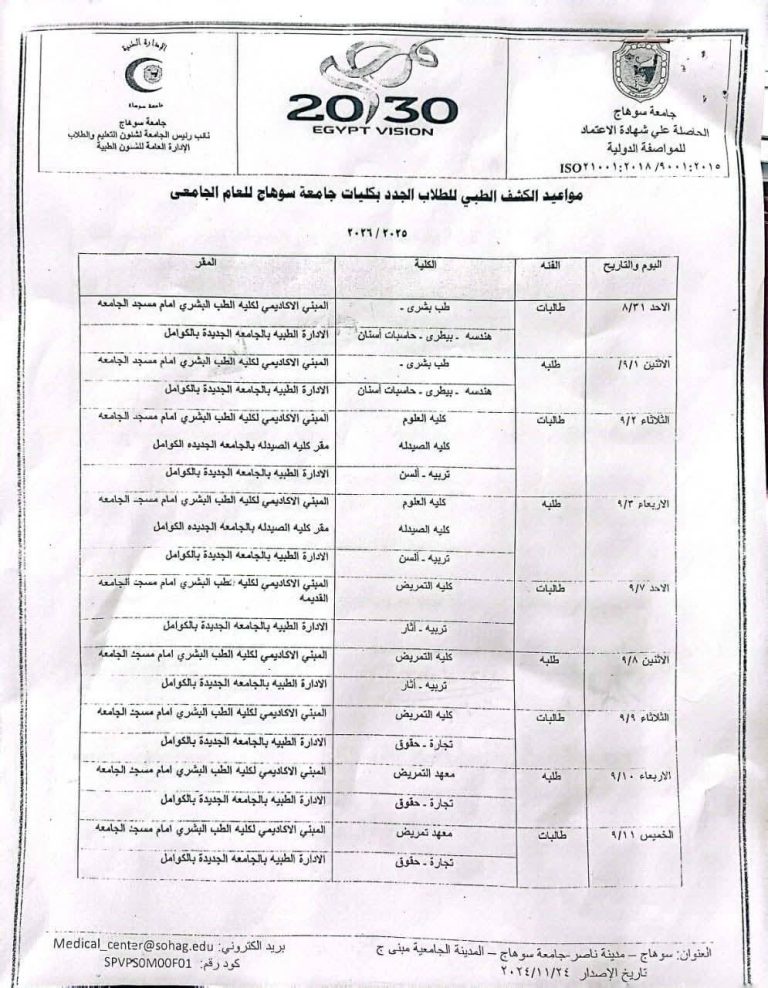 مواعيد الكشف الطبي لطلاب كلية الآثار