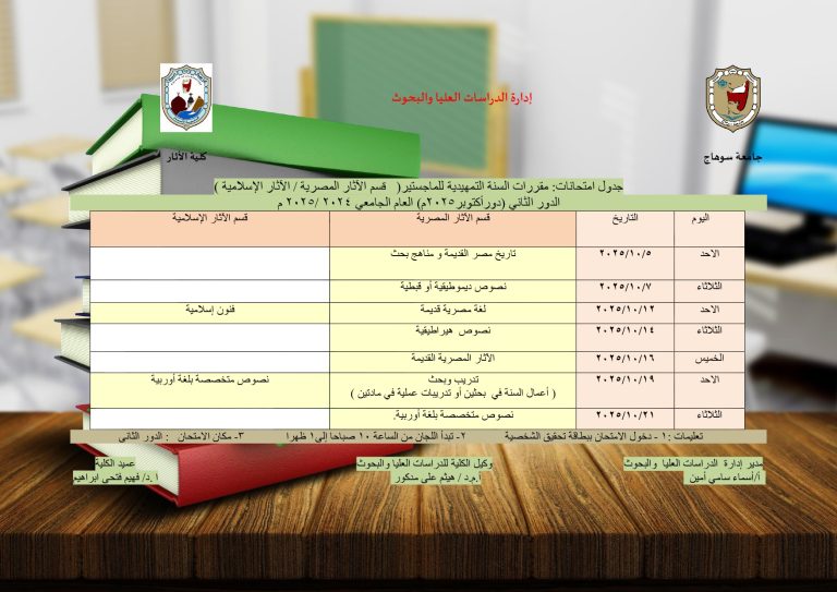 جدول امتحانات الدراسات العليا للسنة التمهيدية الدور الثاني للعام الجامعي 2025/2024م