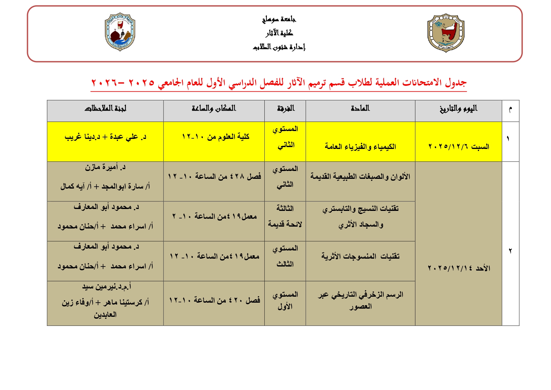 جدول الامتحانات العملية لطلاب قسم ترميم الآثار للفصل الدراسي الأول – العام الجامعي 2026/2025م (جميع المستويات والفرق الدراسية)