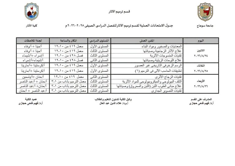 جدول الامتحانات العملية لقسم ترميم الآثار – الفصل الصيفي العام 2026/2025